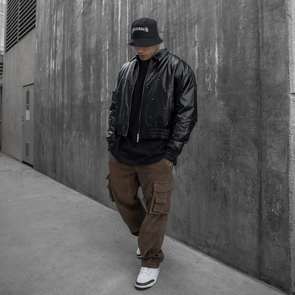 Boxy Studded Pu Collared Bomber